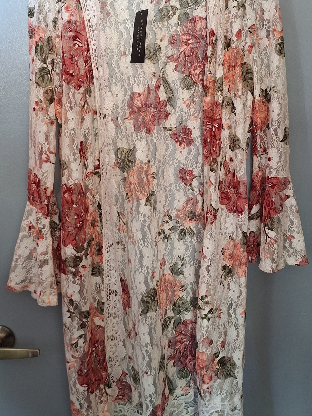 Streetwear Society Lace Floral Kimono - Cream, Pink & Green